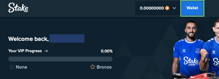 Stake Casino page with the Wallet button highlighted