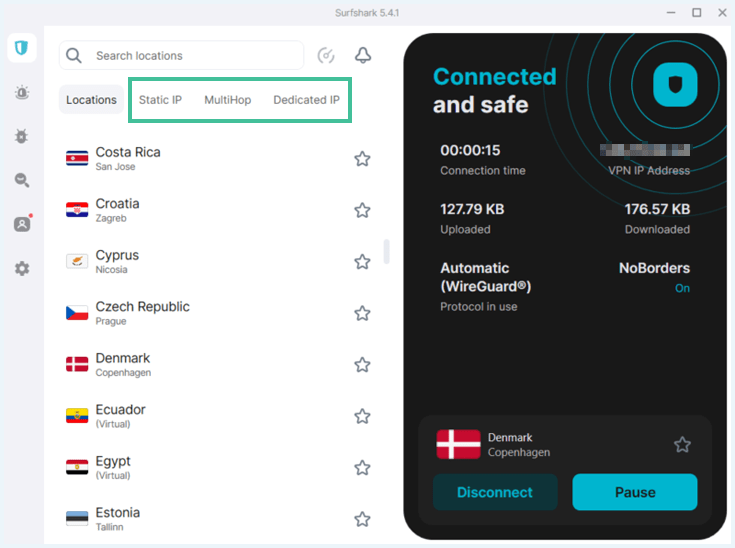 Surfshark app with the different server types highlighted