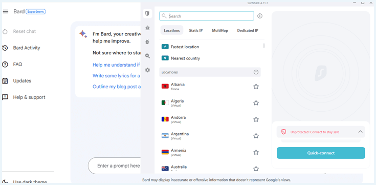 Surfshark app next to a working version of Google Bard