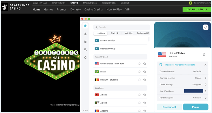 Surfshark connected to a VPN server in the United States with DraftKings working in the background