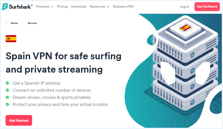 Screenshot of Surfshark's Spanish server homepage