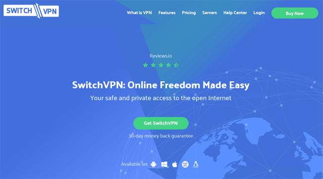 Screenshot of SwitchVPN app, website homepage