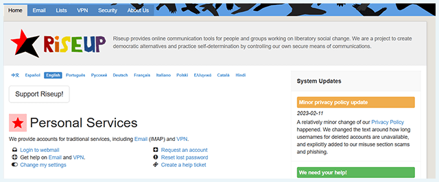 Riseup dark web site homepage
