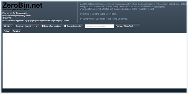 ZeroBin dark web site homepage