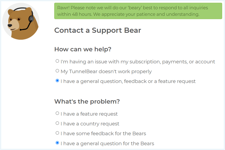 Contact a Support Bear form on the TunnelBear website showing that you can only contact them every hour