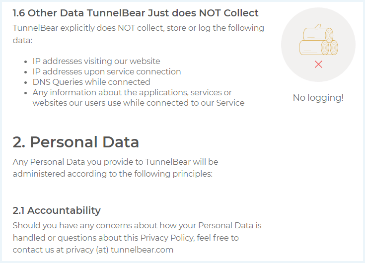 Part of TunnelBear's logging policy