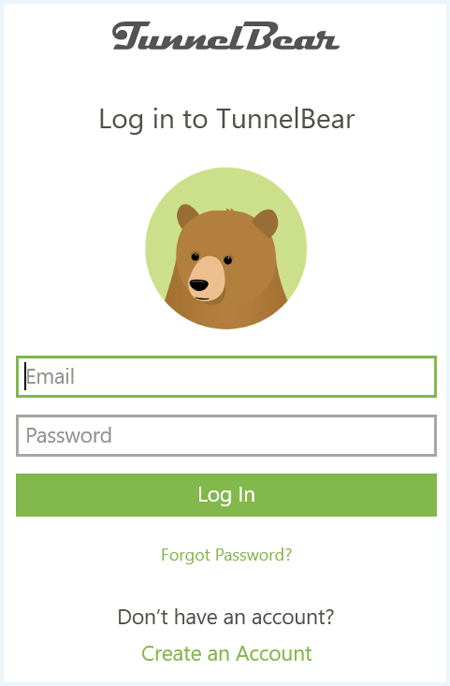 Login screen of TunnelBear