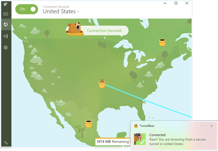 TunnelBear app connected with Windows notification