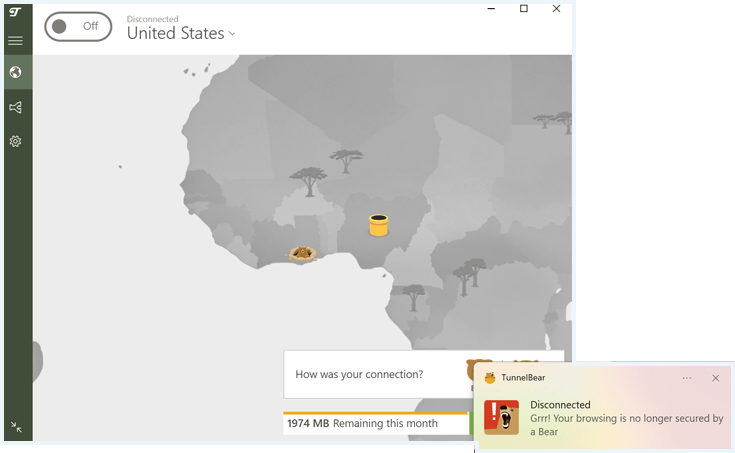 TunnelBear app disconnected with Windows notification