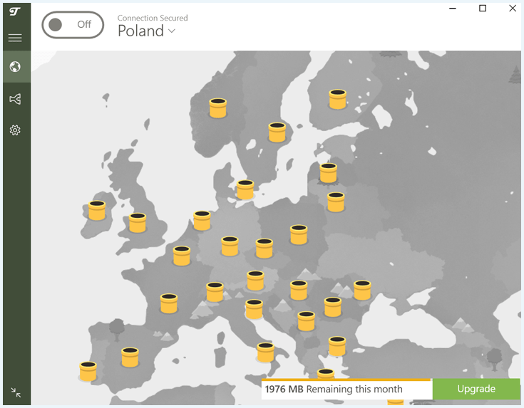 Software showing the map of Europe with VPN servers of TunnelBear