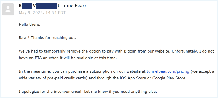 Response from a TunnelBear support agent in Gmail