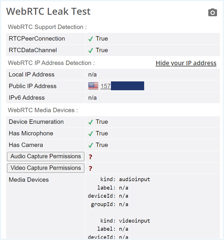 WebRTC leak test of TunnelBear VPN