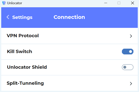 Connection settings in the Unlocator app showing the Unlocator Shield option