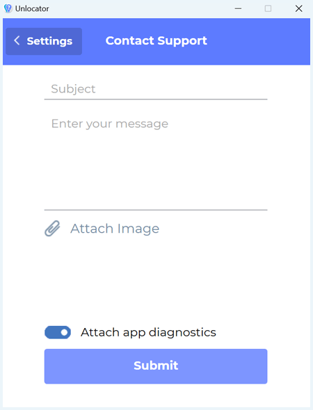 Form to contact support in the Unlocator app