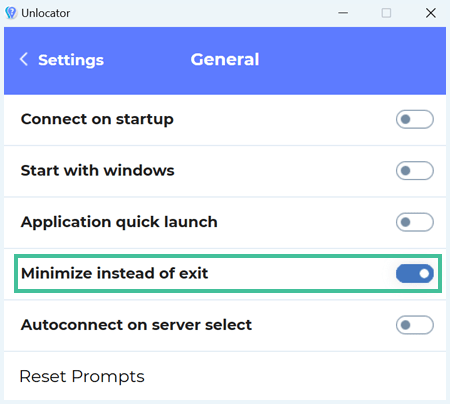 Unlocator app general settings with the option Minimize instead of exit highlighted