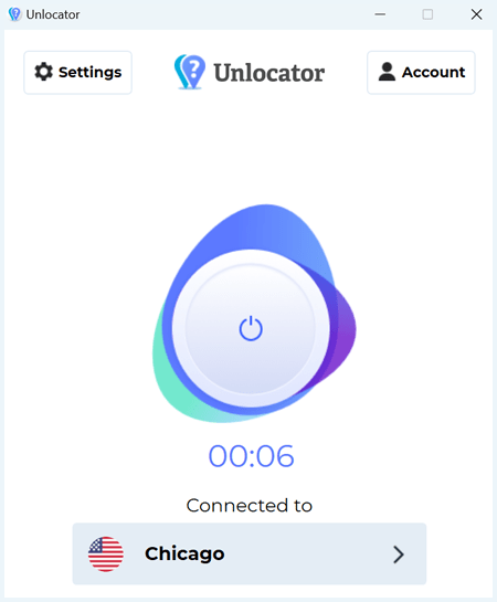 Home screen of the Unlocator app with the VPN connected to a server in Chicago