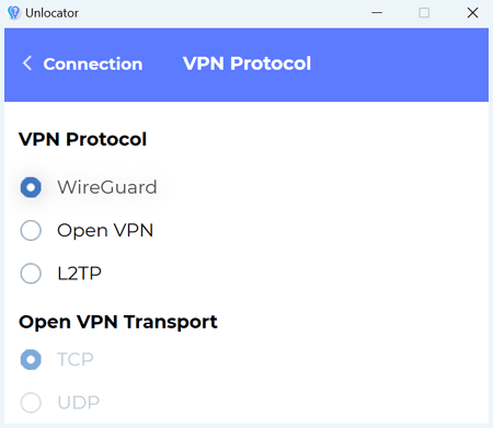 VPN Protocols as shown in the Unlocator app