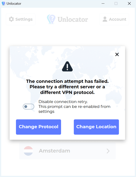 Connection error message showing when using Unlocator