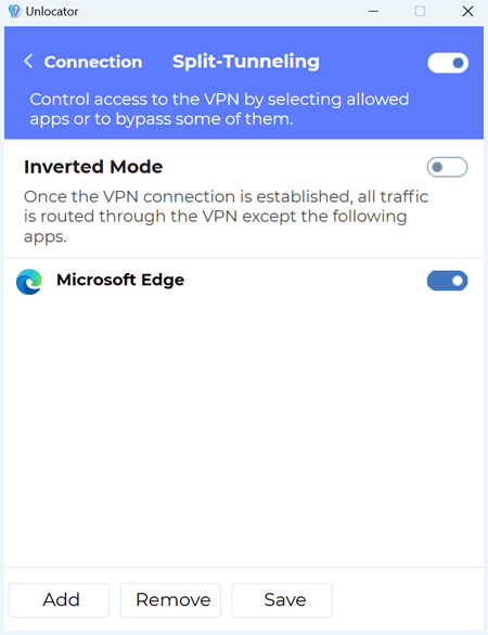 Connection settings screen of the Unlocator app with Split Tunneling showing