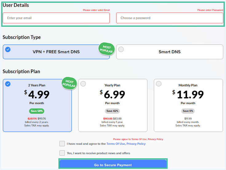 Unlocator pricing page with the User Details and button highlighted