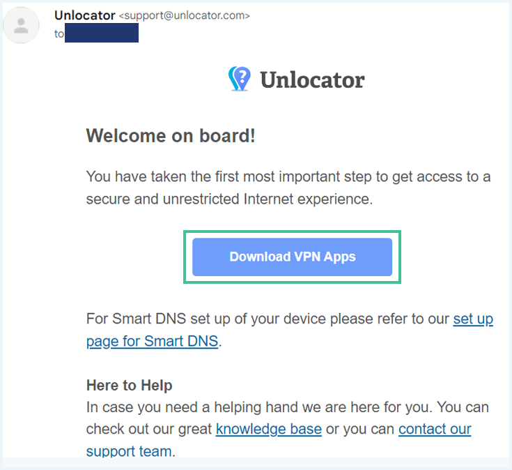 Email from Unlocator with the Download VPN Apps button highlighted