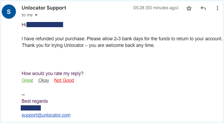 Email form Unlocator confirming a refund request