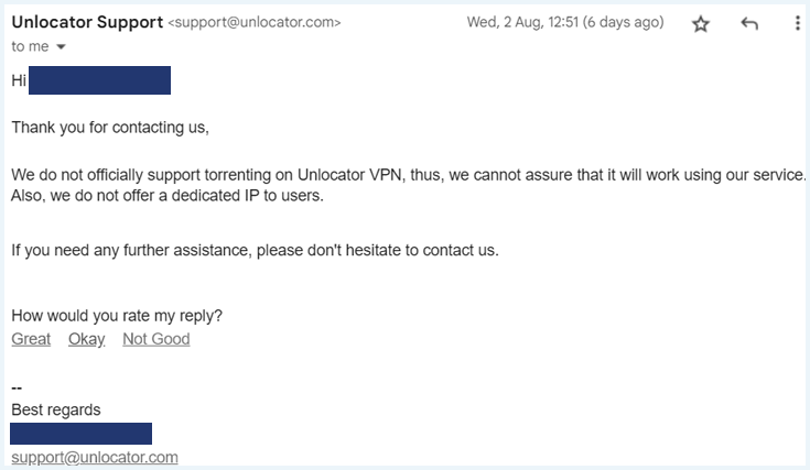 Support email from Unlocator regarding P2P traffic and a dedicated IP option