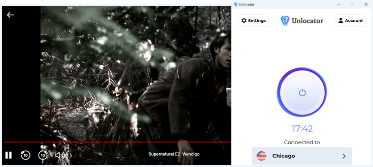 Unlocator connected to a server in the United States with a working Netflix stream in the background