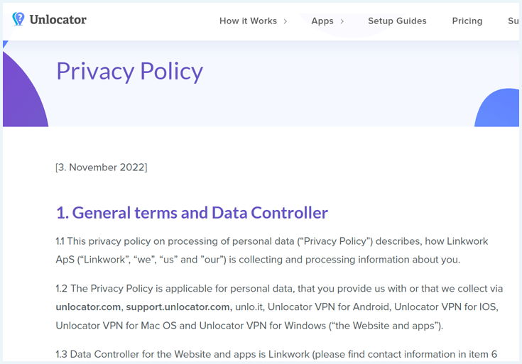 First paragraph of Unlocator's Privacy policy as stated on their website