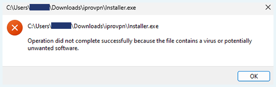 Screenshot of iProVPN, virus warning