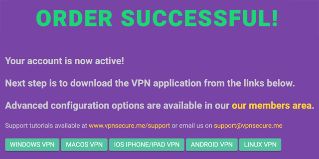 VPN Secure order succesful page