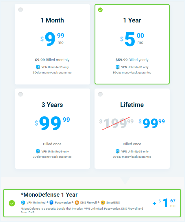 Screenshot of VPN Unlimited, pricing May 2022