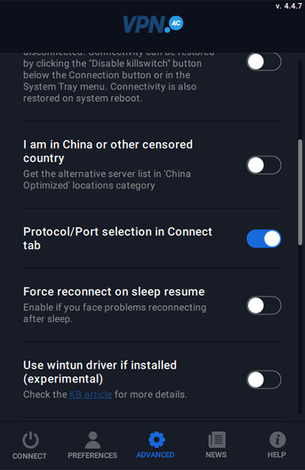 Screenshot of VPN.ac, advanced settings