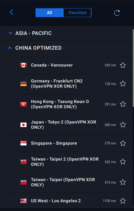 Screenshot of VPN.ac, China optimized server list