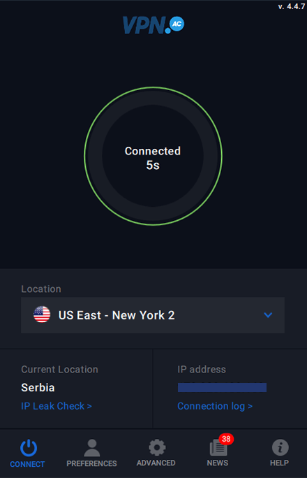 Screenshot of VPN.ac, client glitch connected