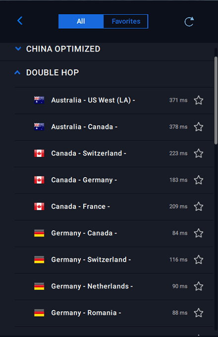 Screenshot of VPN.ac, double hop server list