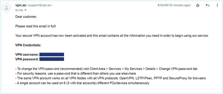 Screenshot of VPN.ac, email after purchase