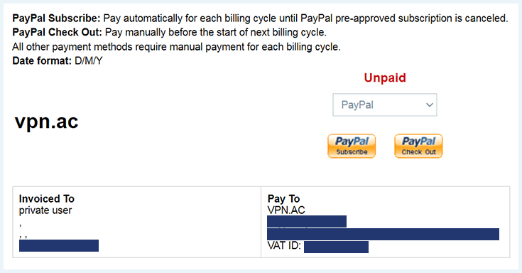 Screenshot of VPN.ac, invoice