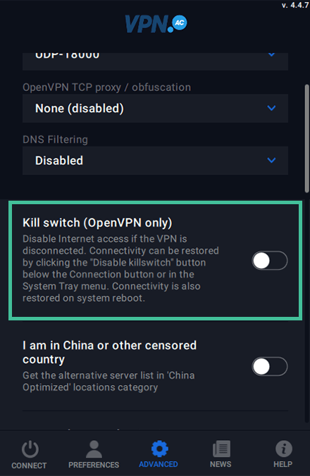 Screenshot of VPN.ac, kill switch option