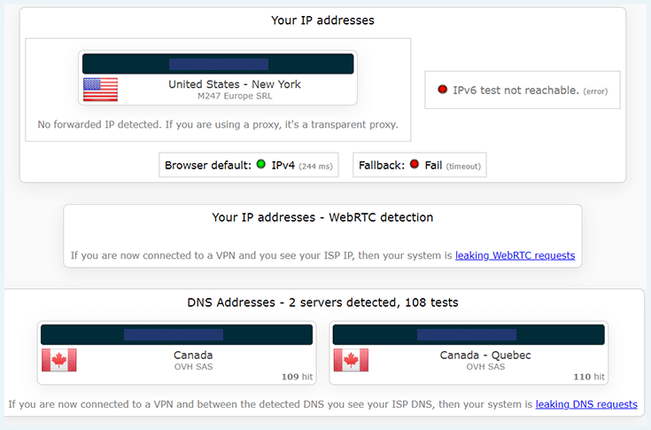 Screenshot of VPN.ac, leak test