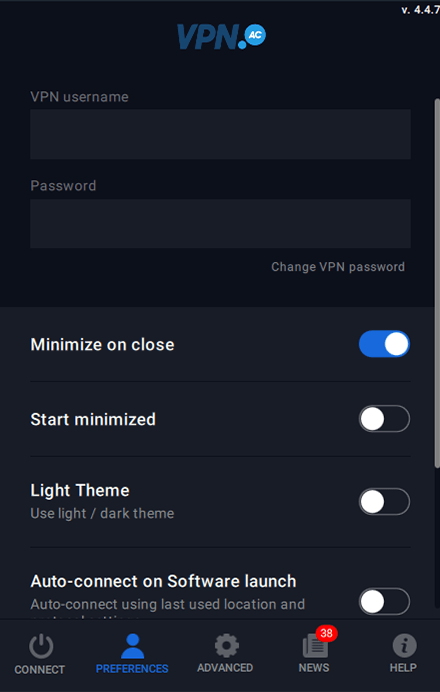 Screenshot of VPN.ac, login