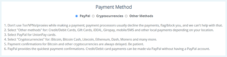 Screenshot of VPN.ac, payment methods list