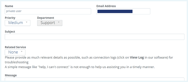 Screenshot of VPN.ac, submitting a ticket