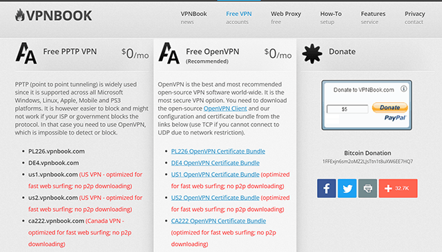 Screenshot of VPNBook, free plans