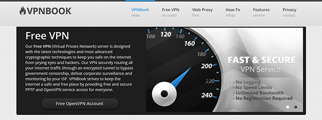 Screenshot of VPNBook, homepage