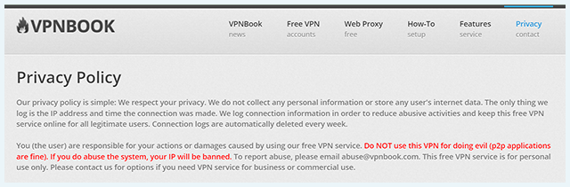 Screenshot of VPNBook, privacy policy