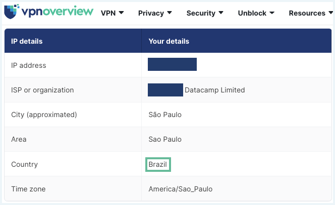 IP address tool on the VPNOverview website showing a connection to a Brazilian server