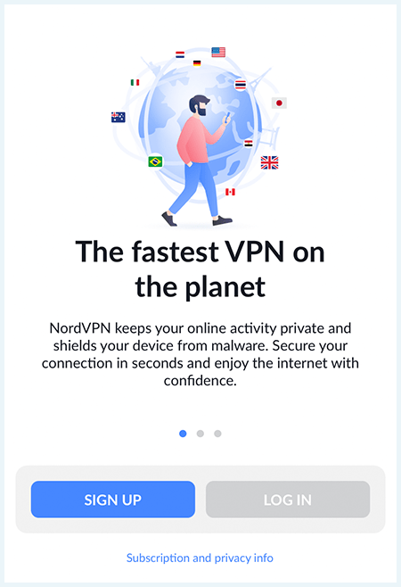 Screenshot of NordVPN welcome screen, mobile