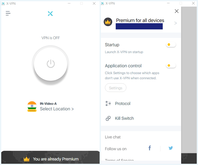 X-VPN software client homescreen and options