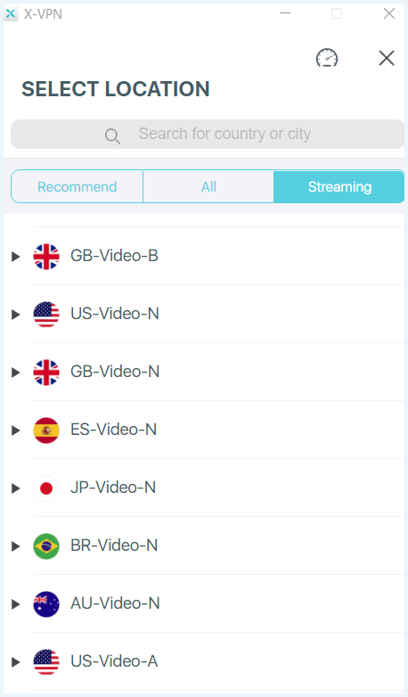 X-VPN software client showing streaming servers